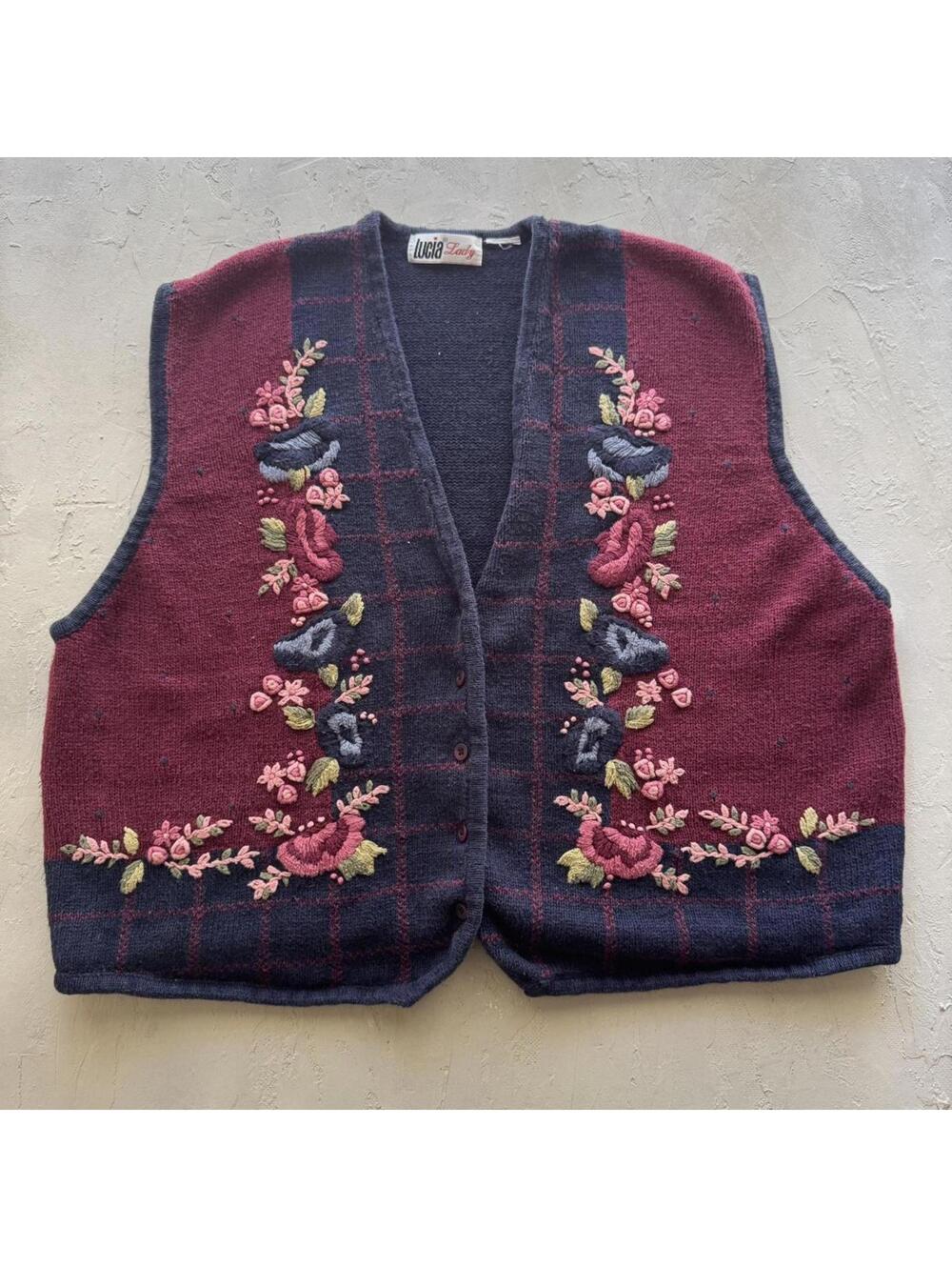 Vintage 1990s Embroidered Floral Whimsigoth Fairycore Burgundy Knit Vest